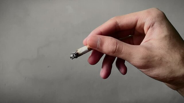 Close up of a hand holding a finished cigarette butt with burnt ash and smoke