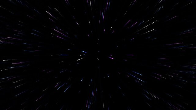 Neon particle hyper speed explosion on dark black background