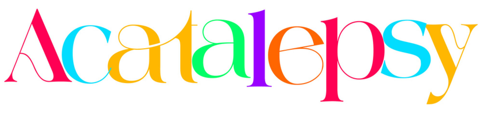 Acatalepsy philosophical word in vibrant multi colored serif font on checkerboard pattern.