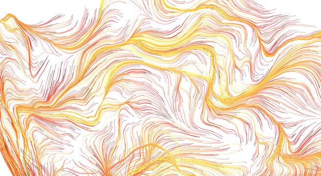 Dynamic abstract art featuring golden and red lines, perfect for backgrounds and designs. Energetic