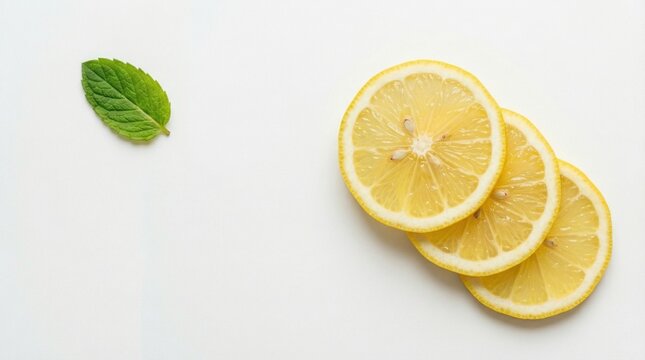 Citrus Freshness: A bright and refreshing composition featuring sliced lemons, alongside a single mint leaf, offering a visual ode to natural, zesty flavors.