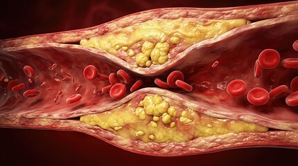 Vascular blockage hazard: arterial damage, lipid deposit, blood flow, heart disease, health risk, vessel lumen, cholesterol level, atherosclerosis process.