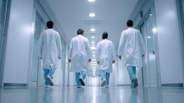 Group of medical doctors and nurses walking down clean hospital corridor