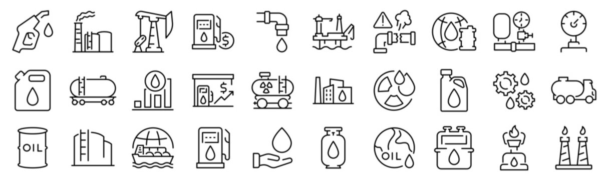 Oil gas line web icons. Contains such Icons as Gas Station, Oil Factory, Transportation. industry. Editable Stroke