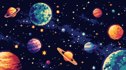 Fototapeta premium ピクセルアートで描かれた惑星と星が輝く宇宙の背景イラスト