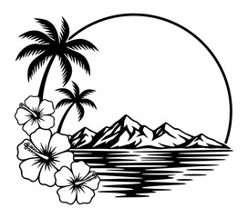 Tropical Hawaiian Island Landscape With Palm Trees And Hibiscus Flowers, Beautiful Ocean Sunset Scene In Circular Frame, Exotic Vacation Paradise Illustration For Summer Travel Branding © VisuaLabArt