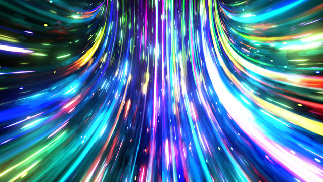 カラフルなキラキラしたエフェクトが上昇する流線のトンネル風エフェクト背景