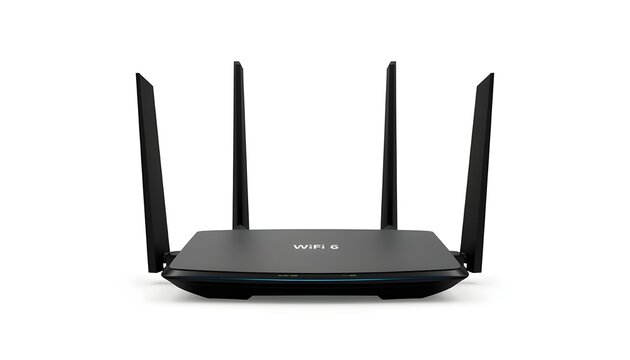 A sleek black WiFi router with four antennas on a white background