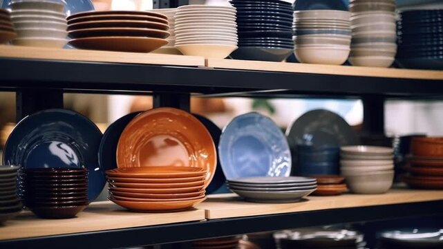 Various colored ceramic plates displayed for sale in a store.