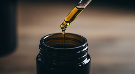 Golden essential oil dripping from a glass pipette into a dark amber bottle against a blurred wooden background.