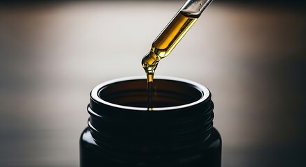 Golden essential oil dripping from a glass pipette into a dark amber bottle against a blurred wooden background.
