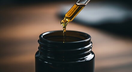 Golden essential oil dripping from a glass pipette into a dark amber bottle against a blurred wooden background.