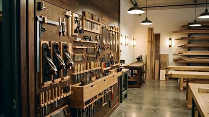 Obraz premium A beautifully organized woodworking shop features a comprehensive collection of hand tools neatly displayed on a wooden pegboard wall.