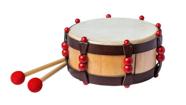 Wooden frame hand drum, featuring red beads and wooden drumsticks