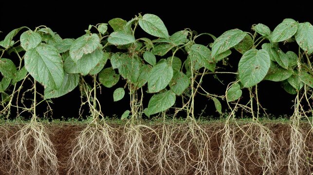 Detailed cross-section reveals extensive fibrous root system developing beneath foliage against a dark background