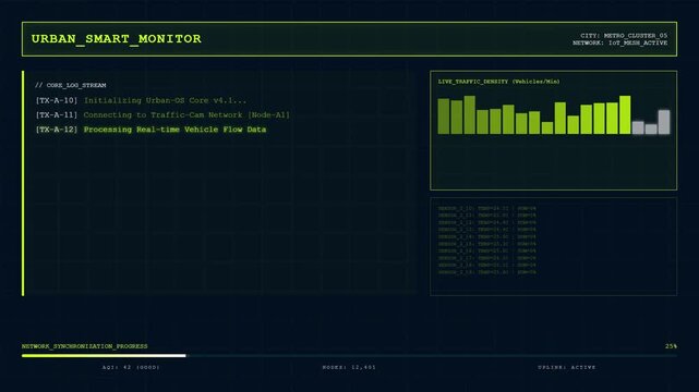 Urban Smart Monitor Core Log Stream City IoT Dashboard Display.