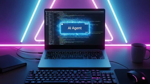 Computer screen displaying ai agent software with glowing code interface. Cyber workspace with futuristic neon lighting for software development and programming task.