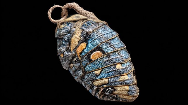 Detailed macro photograph captures the texture and coloration of an insect pupa suspended by twine against a dark background.
