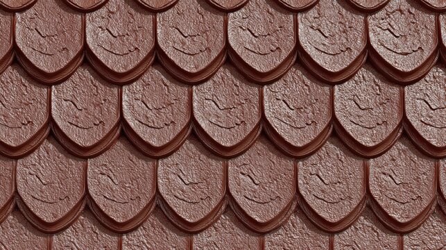 Detailed surface texture of overlapping reddish brown protective roof shingles displays a repeating scale pattern