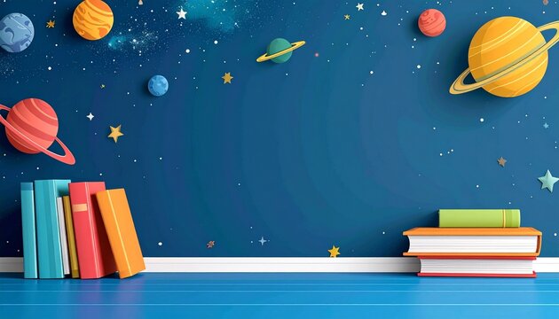 Outer space classroom background with planets and books, fun educational cosmic theme