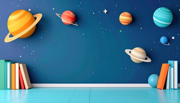 Outer space classroom background with planets and books, fun educational cosmic theme