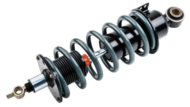 Automotive shock absorber displaying coiled spring metal housing, and rubber bushings
