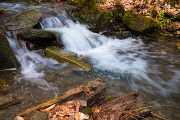 Wodospad na górskim strumieniu w wiosennym lesie © kubikactive