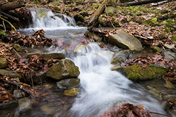 Wodospad na górskim strumieniu w wiosennym lesie © kubikactive
