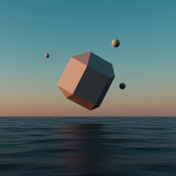 A vast, silent landscape rendered in smooth, unsettling colors, featuring an impossible, isolated geometric form floating just above the horizon line ,surreal ,smooth ,minimal space