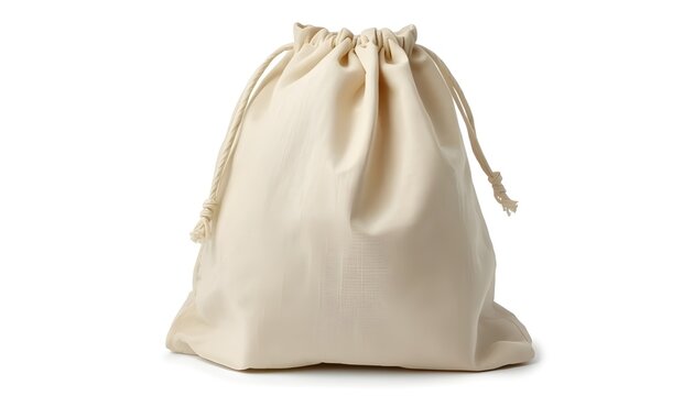A cream-colored drawstring bag made of canvas or cotton on a white background