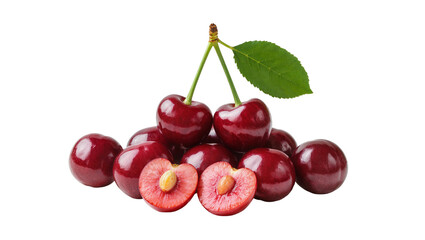 Obraz premium Glossy dark red cherries some halved, displaying juicy flesh and green stem leaf