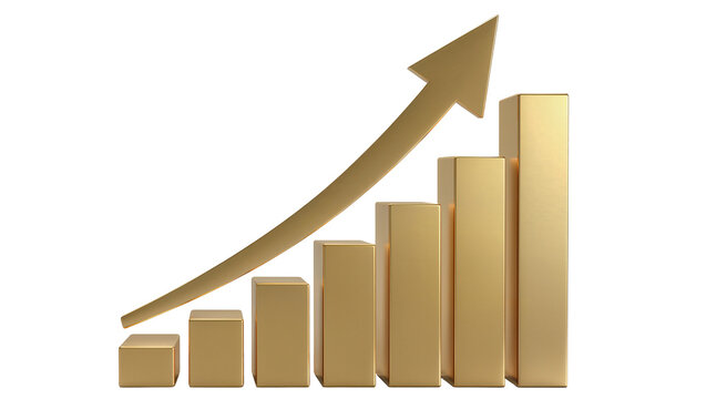 Golden metallic bar graph ascending, pointing upwards with a shiny arrow