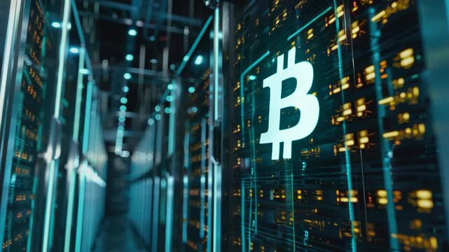 Inside Bitcoin mining equipment in a data center, with the cryptocurrency symbol prominently displayed. Modern technology and finance concept.