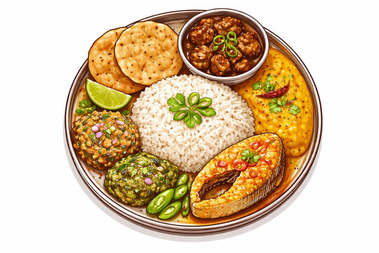 Traditional Bangladeshi Thali with Hilsa Fish and Beef Bhuna Vector