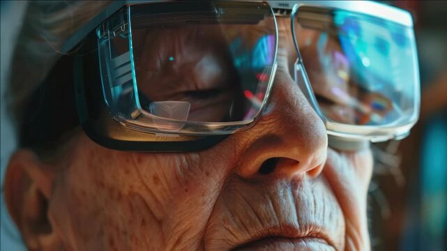 Senior woman wearing VR goggles and looking forward with a serious expression.