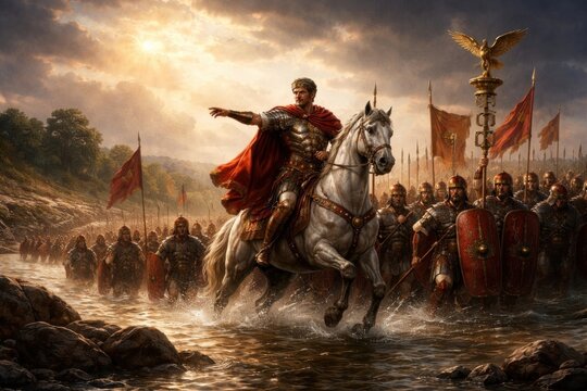 Ancient Roman army crossing river