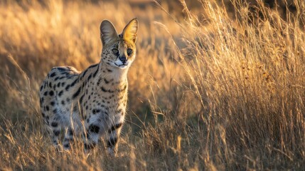 Fototapeta premium Serval cat in African savanna grassland