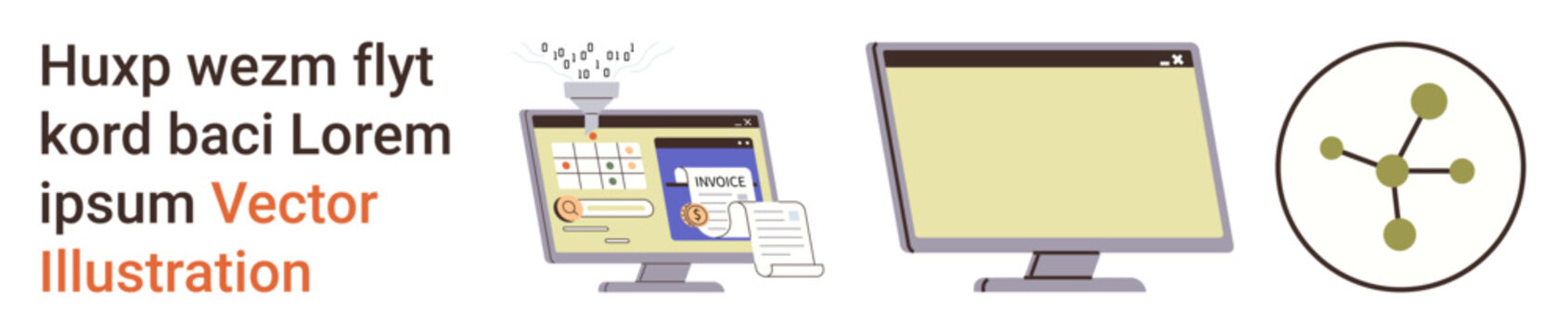 Online security, digital data, authentication, networking, cybersecurity, information management. Two computer screens and a network icon. Online security and digital data management concept