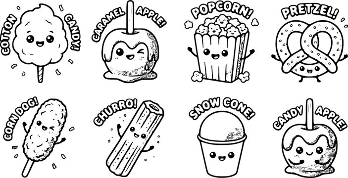 Cute cartoon style cotton candy caramel apple popcorn bag corn dog churro and pretzel icons set