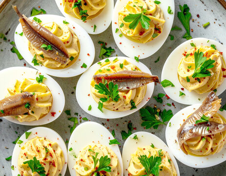 Deviled eggs with an anchovy, appetizer platter, top view. AI