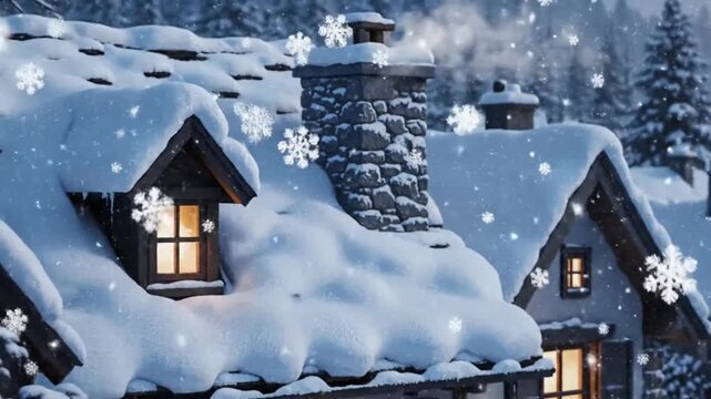 Cozy winter village with snow falling on rooftops and chimneys, gentle snowfall.