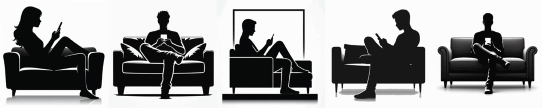 Vector silhouette of person using smartphone on sofa