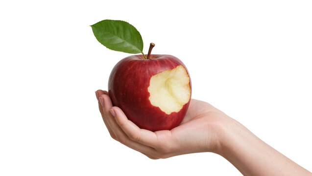 Pale hand gently holding ripe red apple, with a single green leaf and a bite mark