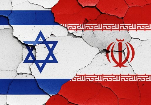 A map of israel and iran with their flags superimposed on a cracked surface