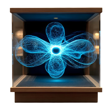 Glowing blue energy field contained within a modern display case, symbolizing innovation and scientific discovery.