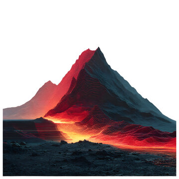 Fiery volcanic landscape with glowing lava illuminating dark mountain peaks at dusk.