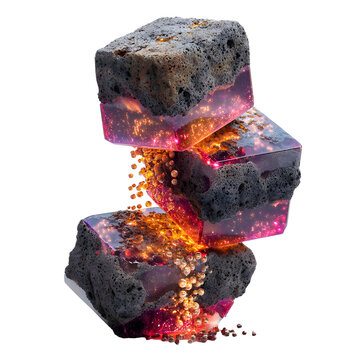 Abstract glowing blocks with fiery embers and molten lava textures create a dynamic, energetic composition.