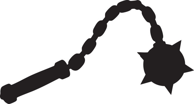 Black silhouette of a spiked ball and chain flail weapon on white background medieval brutal instrument