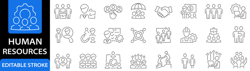 Human Resources icon set. Recruitment. Management. Employment. Company. Partnership. Business. Editable stroke. Vector illustration