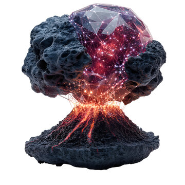 Cosmic explosion of light and energy erupts from a volcanic core, symbolizing creation and innovation.